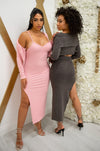Ribbed low back midi dress with side slit, adjustable straps, and matching cardigan in charcoal and pink