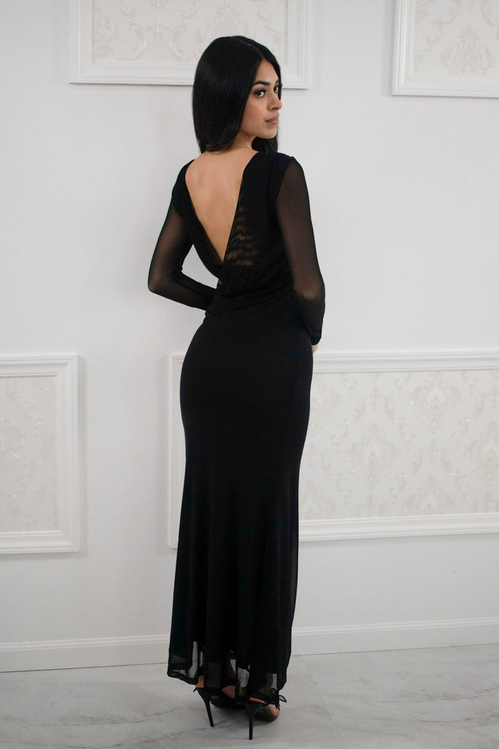 Long sleeve, high neck mesh maxi dress with low plunging deep v back