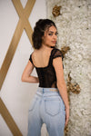 Lace cropped corset with back clasp closure in black