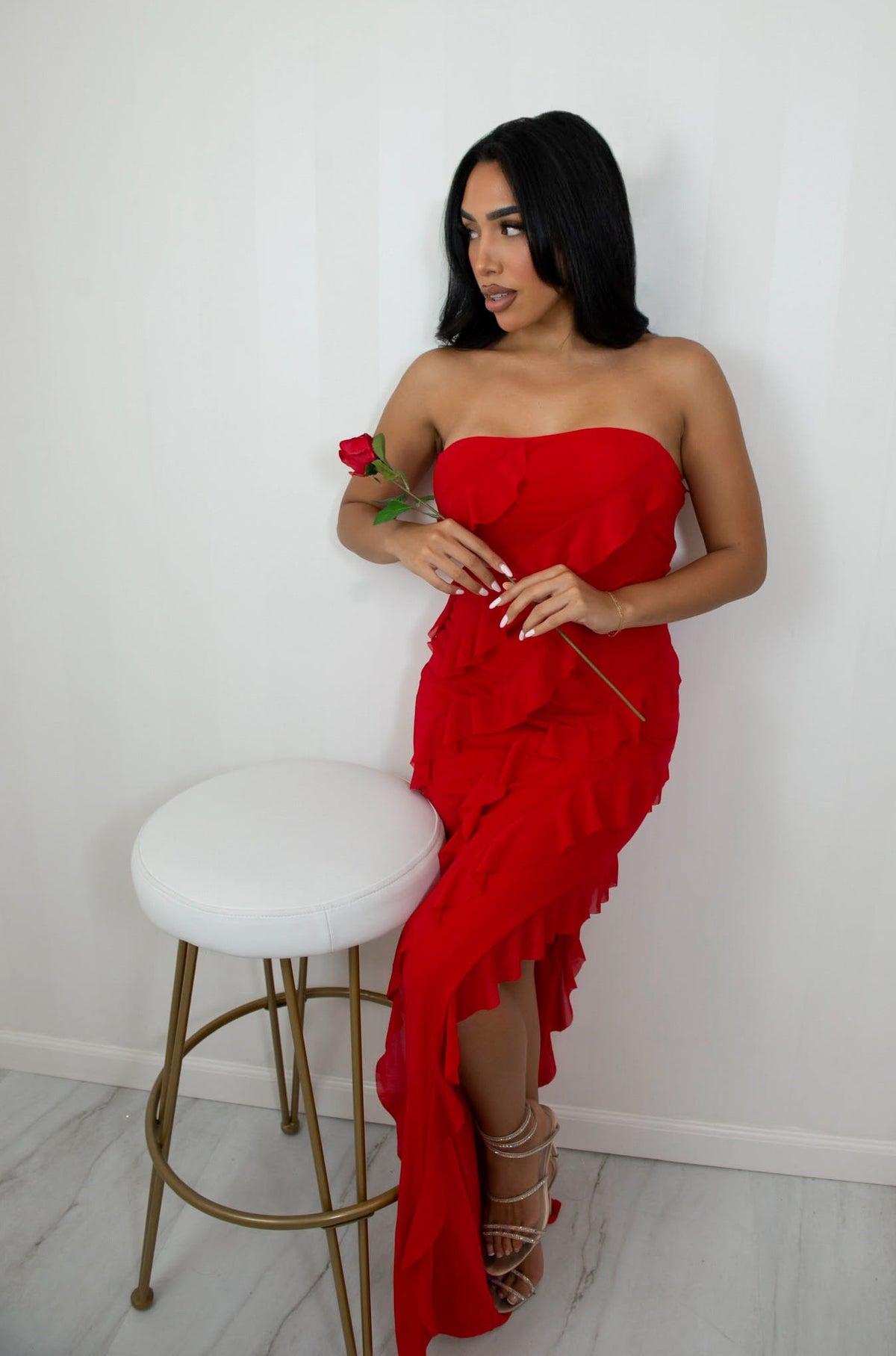 Strapless ruffled maxi dress with side slit