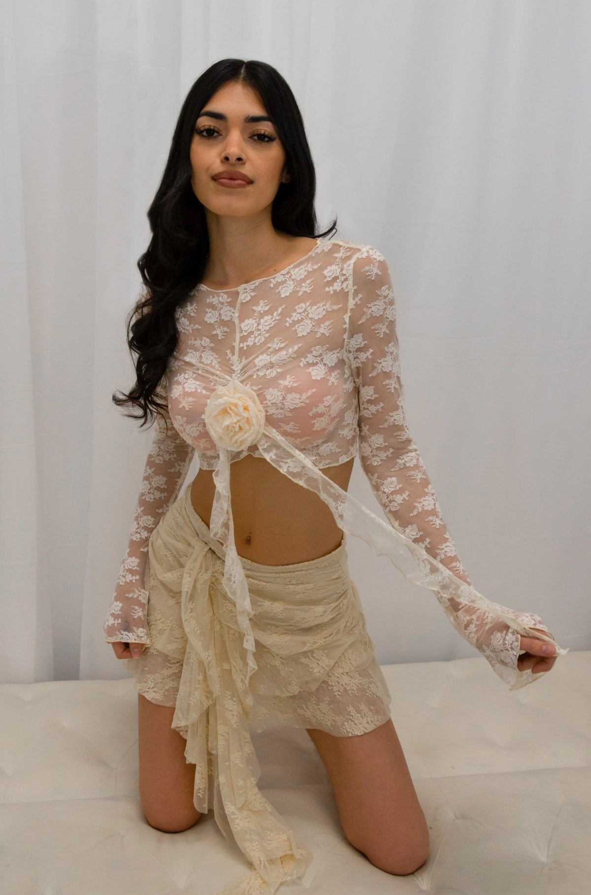 Lace long sleeve mesh crop top with floral detail