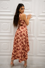 Floral midi dress with high low hemline and detachable scarf