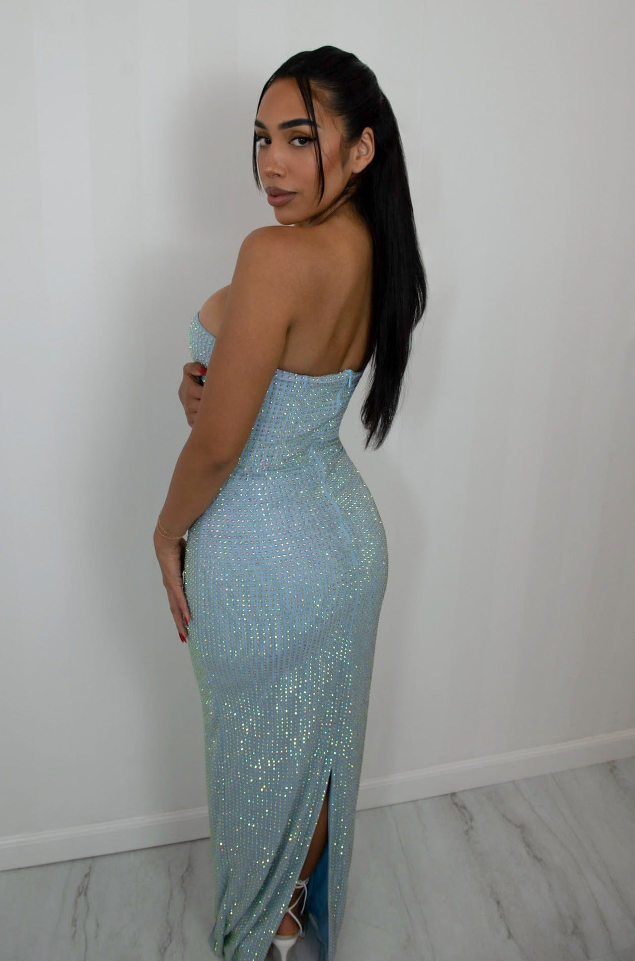 Strapless rhinestone maxi dress with back middle slit