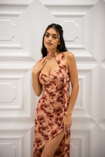 Floral midi dress with high low hemline and detachable scarf