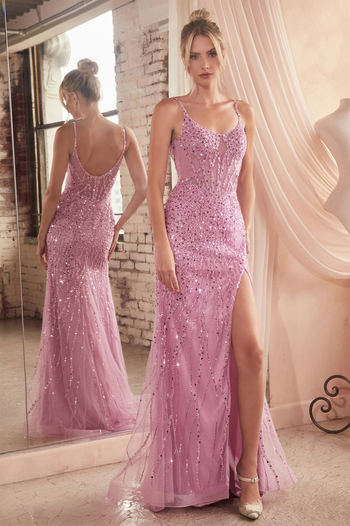 Sequin maxi gown with sewed-in mesh corset detail and side slit