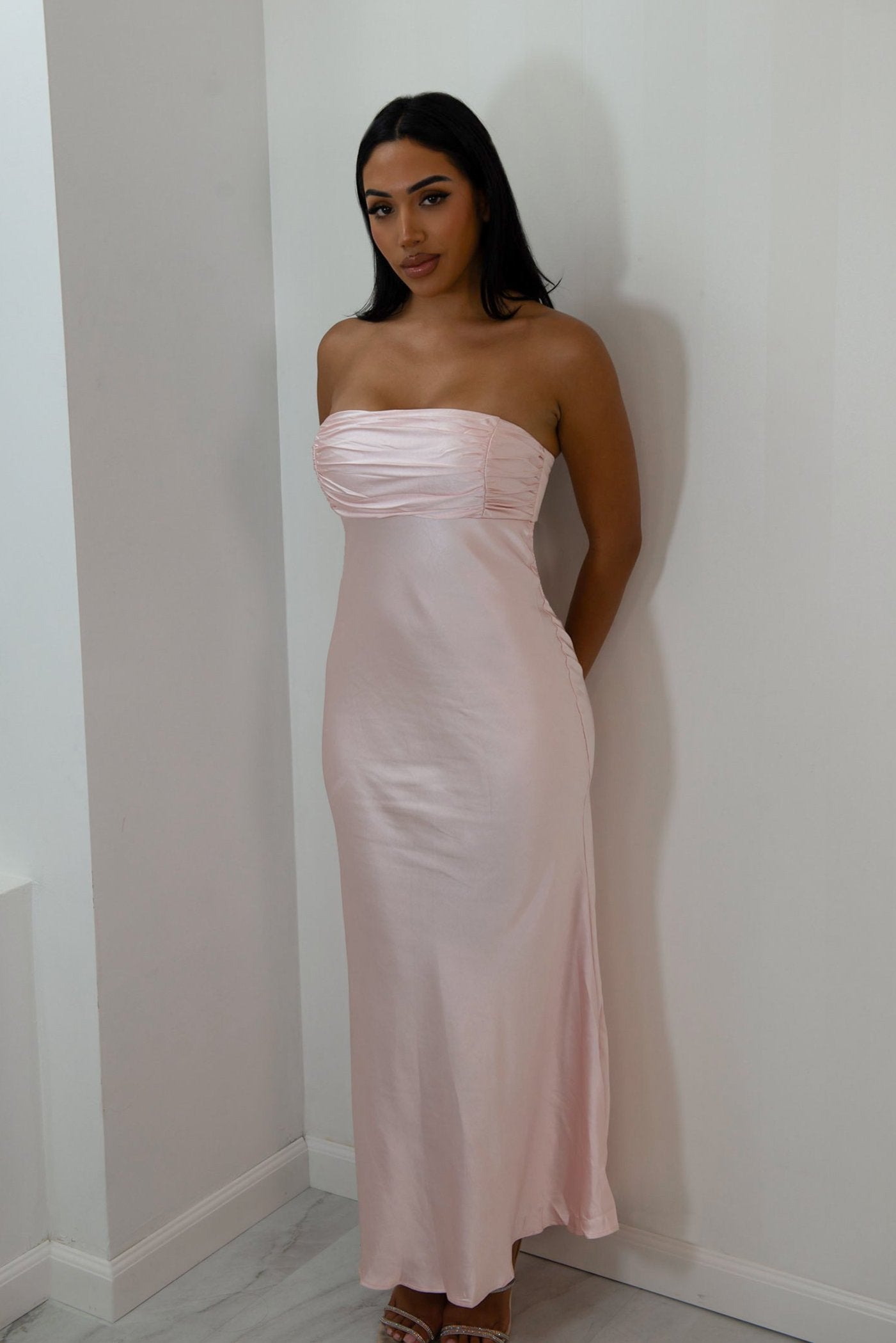 Strapless satin maxi dress with curtain back and adjustable corset