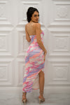 Strapless tie dye ruched bodycon midi dress with back slit and built-in corset in pink