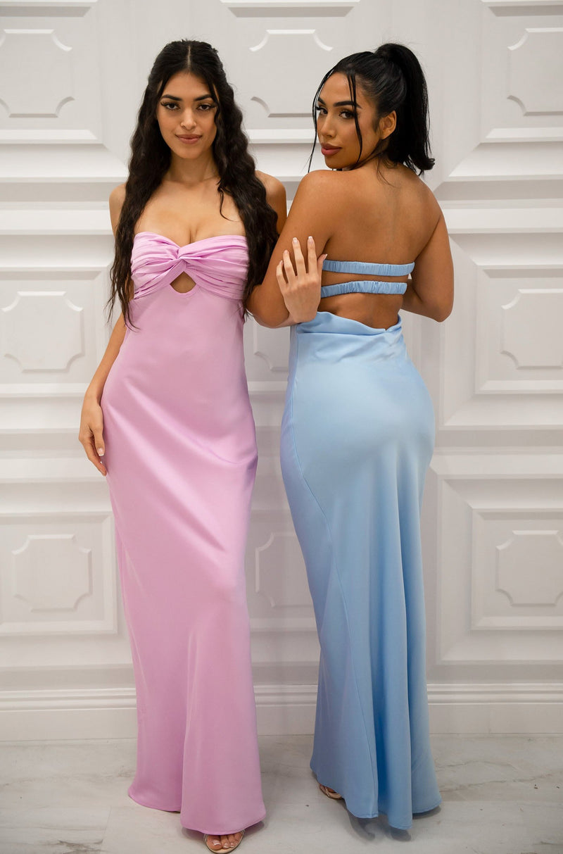 Strapless satin maxi dress with front twist cutout in pink and sky blue