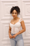 Lace cropped corset with back clasp closure in white