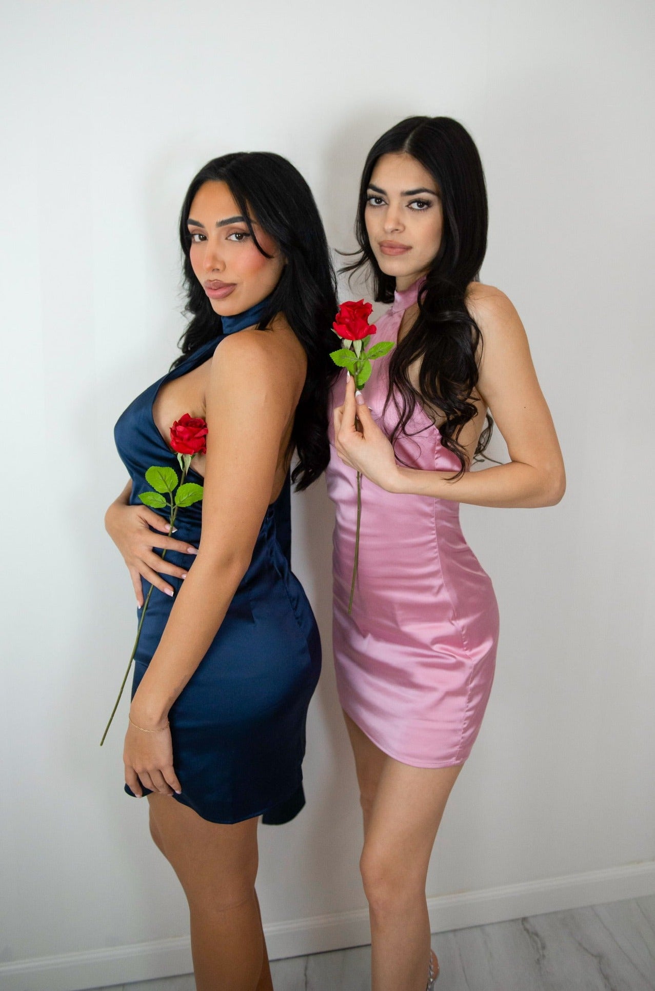 Satin halter low back mini dress with side zipper closure