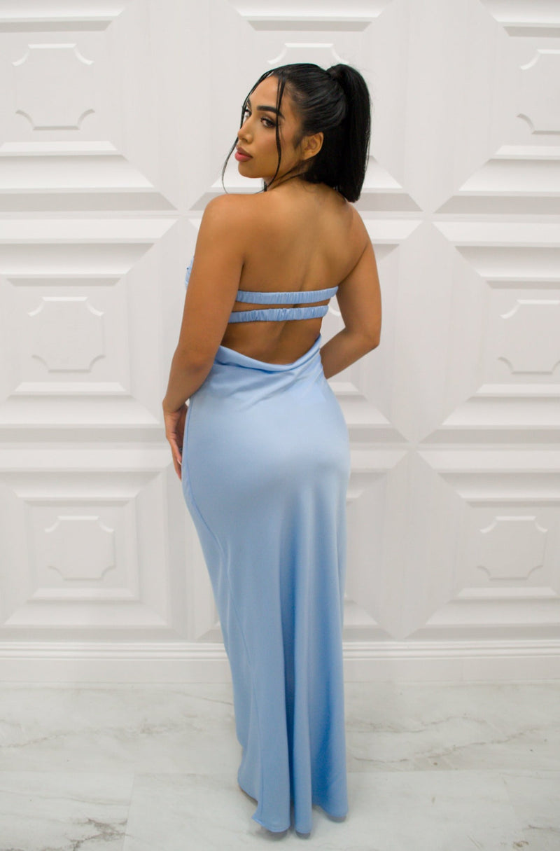 Strapless satin maxi dress with front twist cutout in sky blue