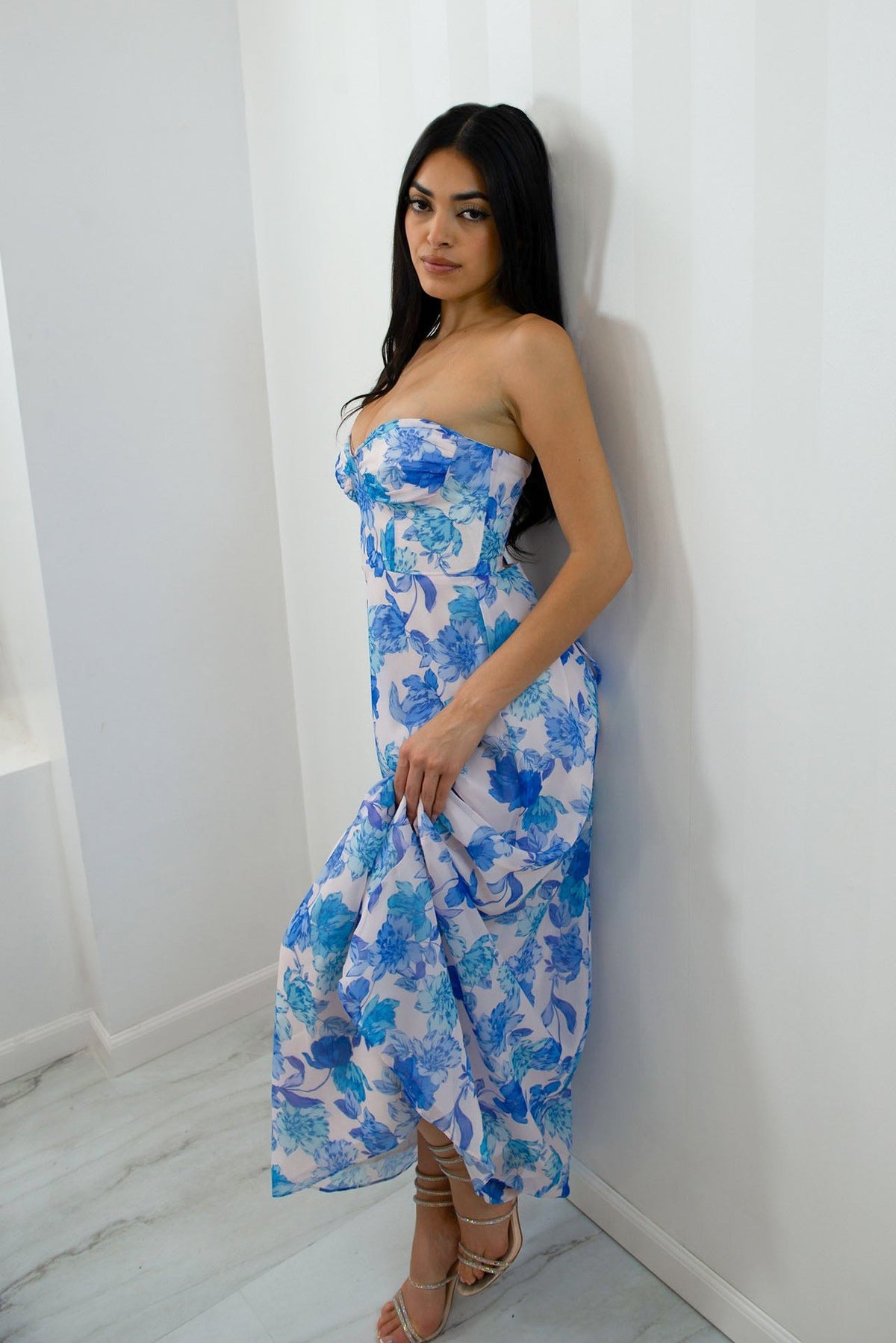 Strapless floral maxi dress with adjustable open back corset