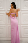 Strapless satin maxi dress with front twist cutout in pink