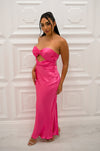 Strapless satin maxi dress with front twist cutout and adjustable tie open back