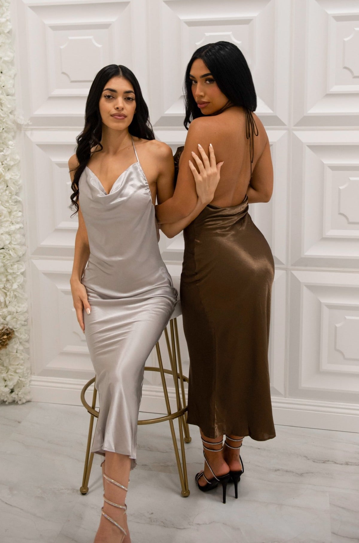 Satin halter neck maxi dress with low back 