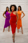 Halter bodycon ruched midi dress with attached neck scarf