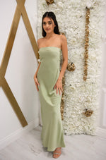 Strapless maxi dress with low open back and adjustable bow tie 
