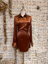 Brown satin long sleeve button up shirt dress displayed on a mannequin against a floral background.