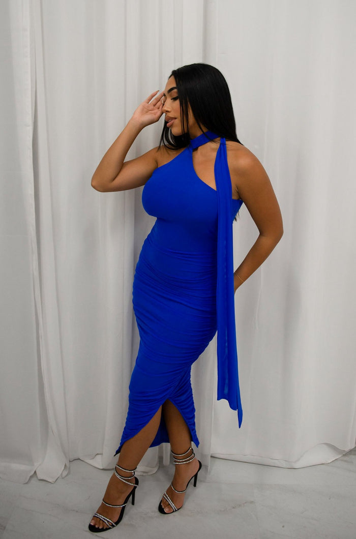 Halter bodycon ruched midi dress with attached neck scarf