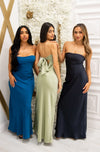 Strapless satin maxi dress with low open back and adjustable bow tie 