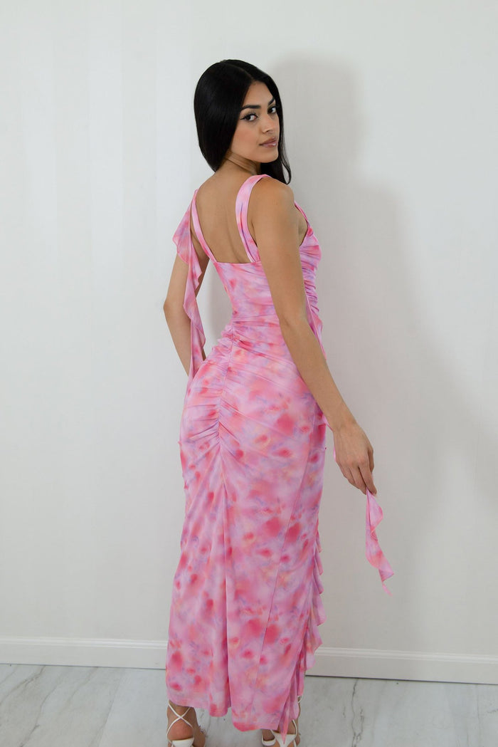 Tie dye midi dress with scrunched butt and hanging shoulder frills&nbsp;