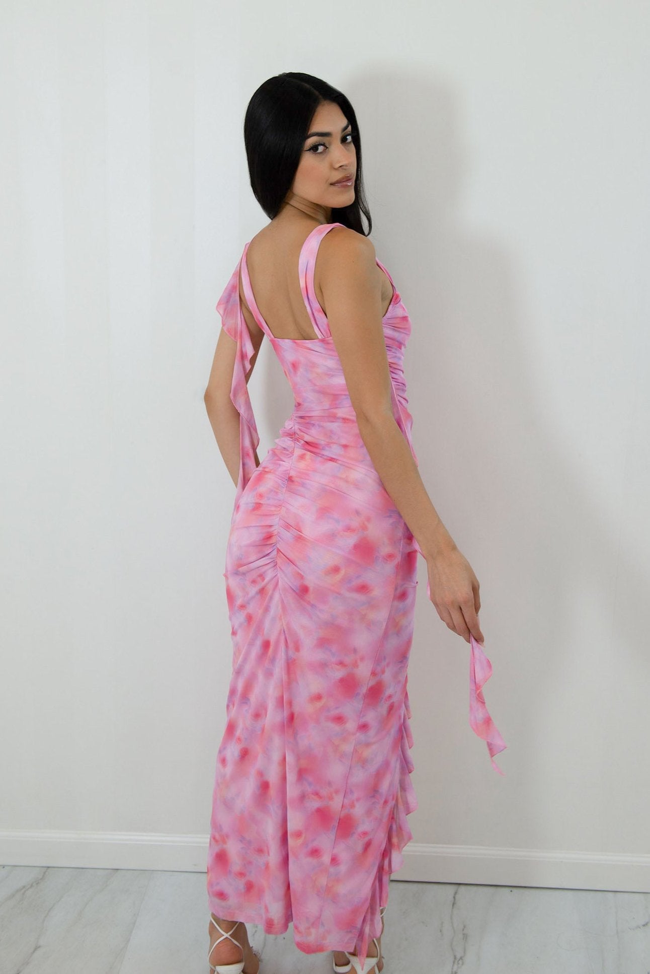 Tie dye midi dress with scrunched butt and hanging shoulder frills