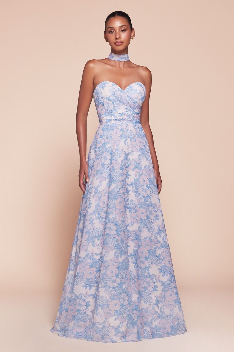 A-line dress features a strapless sweetheart neckline and a fitted bodice with a removable belt or sash at the gathered waistline