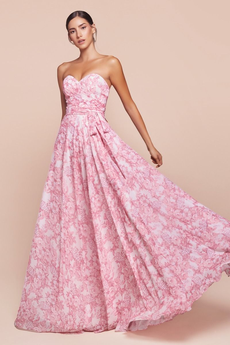 A-line dress features a strapless sweetheart neckline and a fitted bodice with a removable belt or sash at the gathered waistline