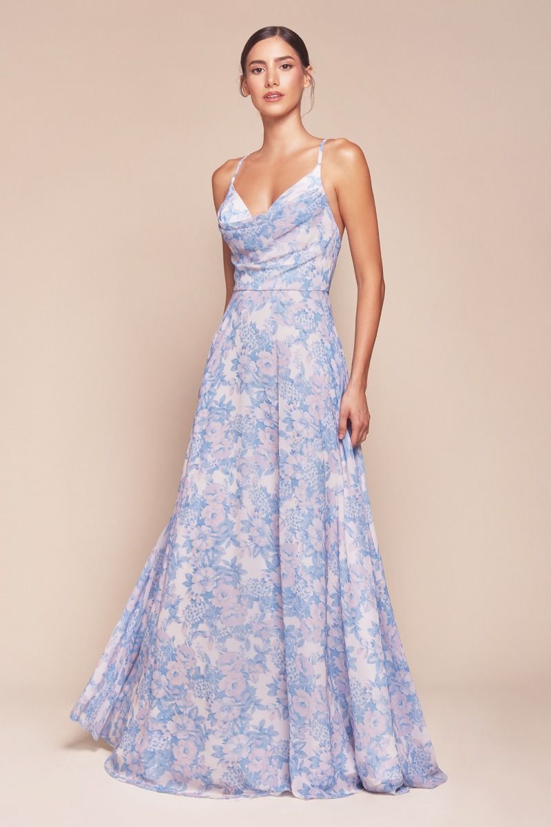 A-line dress features a flattering V-neckline, thin straps, and a gathered waistline, crafted from chiffon in a delicate floral print