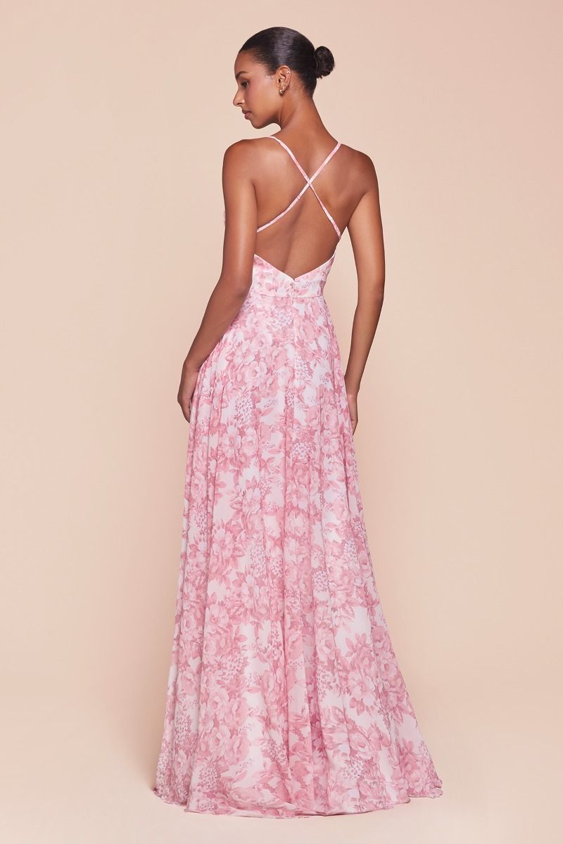 A-line dress features a flattering V-neckline, thin straps, and a gathered waistline, crafted from chiffon in a delicate floral print
