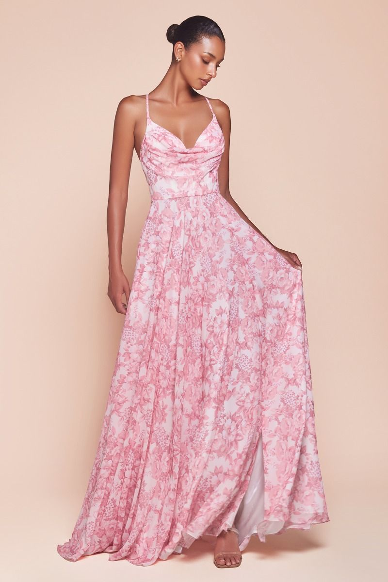 A-line dress features a flattering V-neckline, thin straps, and a gathered waistline, crafted from chiffon in a delicate floral print