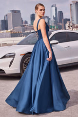 soft satin, the structured boned bodice and lace-up corset back ensure a secure and flattering fit