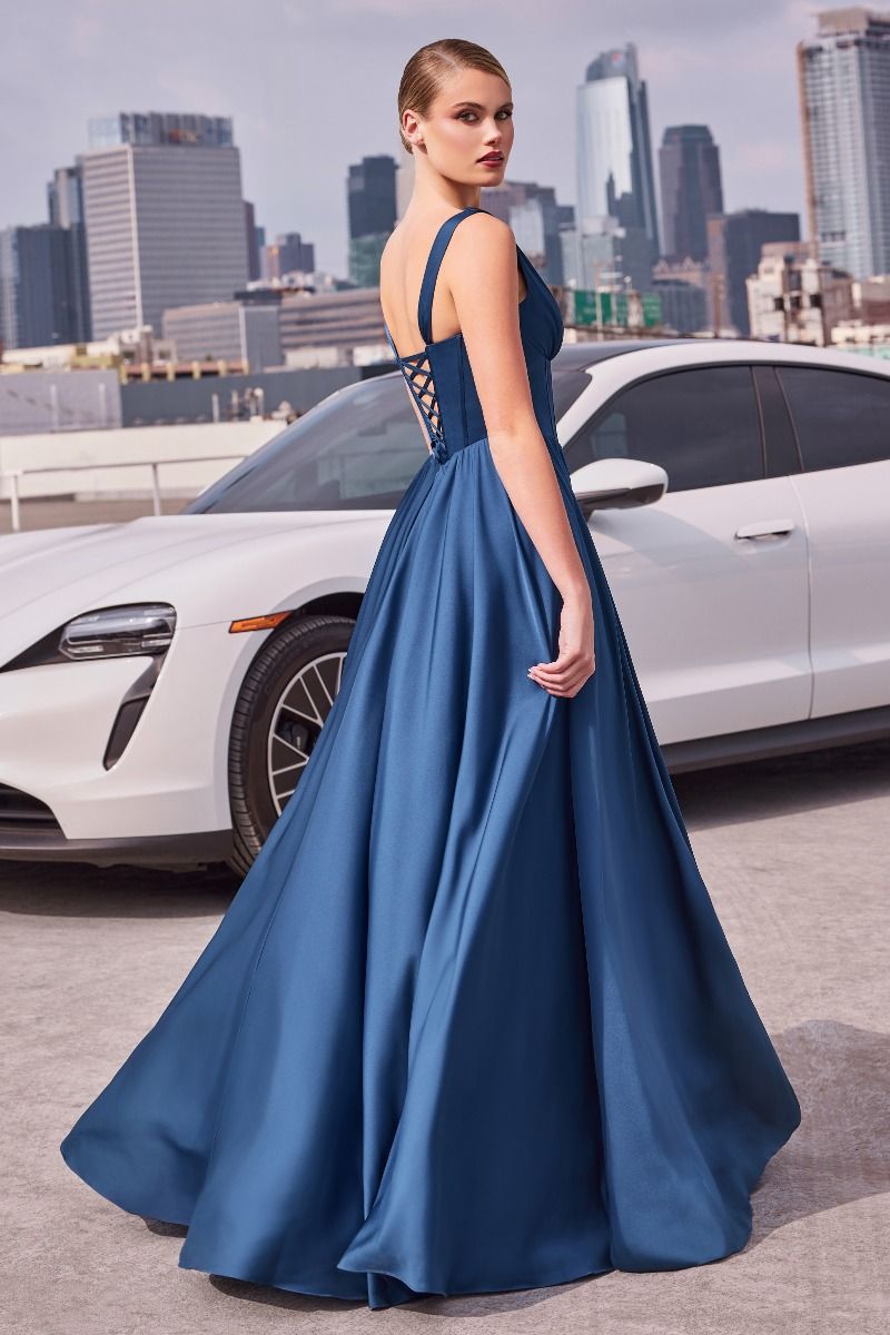 soft satin, the structured boned bodice and lace-up corset back ensure a secure and flattering fit