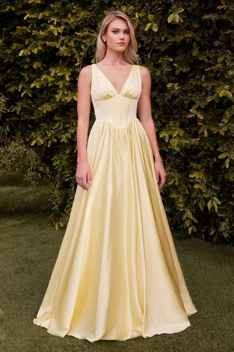 soft satin, the structured boned bodice and lace-up corset back ensure a secure and flattering fit