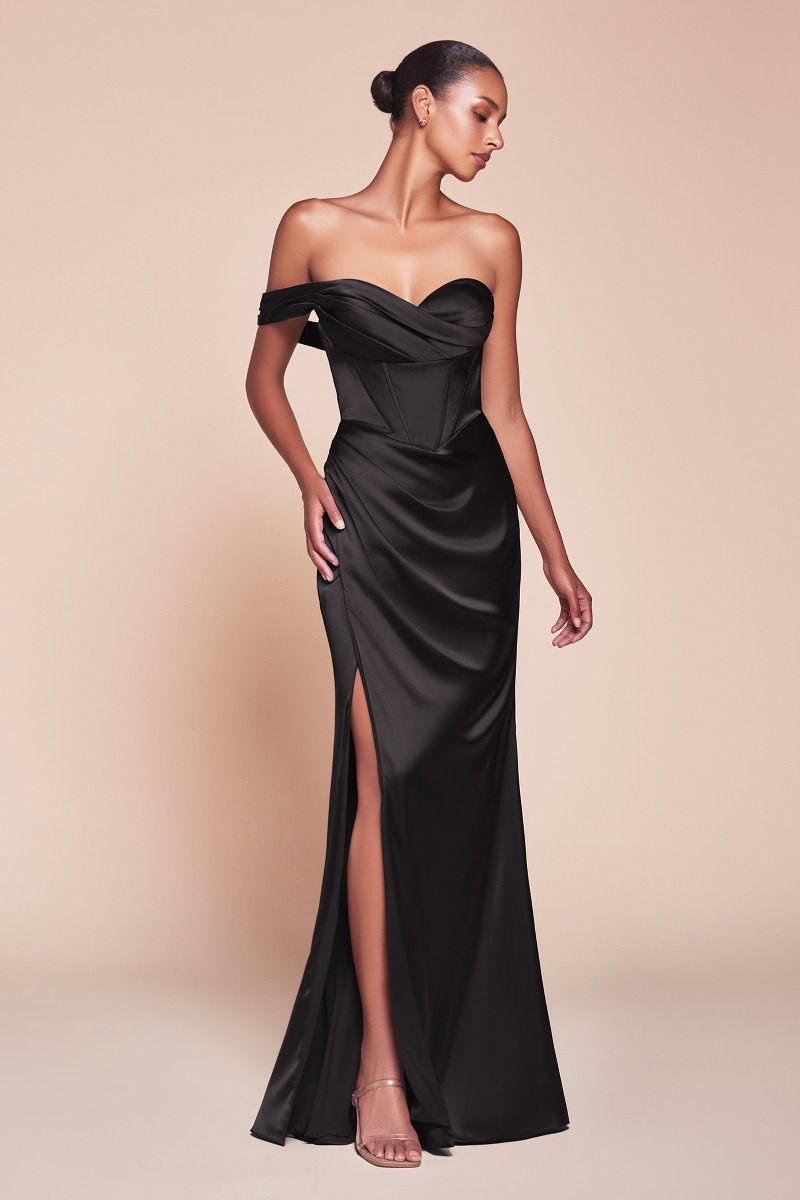 fitted gown showcases a one-shoulder pleated neckline with a gathered waistline and a leg slit