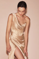 fitted gown showcases a one-shoulder pleated neckline with a gathered waistline and a leg slit