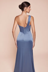 fitted gown showcases a one-shoulder pleated neckline with a gathered waistline and a leg slit