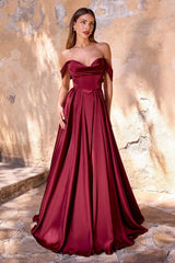 floor-length satin off-the-shoulder gowns with draped necklines, fitted bodices, and flowing skirts