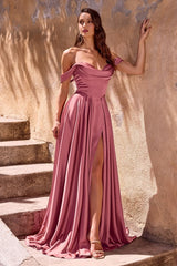 floor-length satin off-the-shoulder gowns with draped necklines, fitted bodices, and flowing skirts