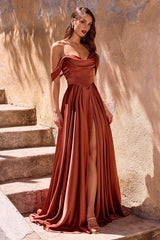 floor-length satin off-the-shoulder gowns with draped necklines, fitted bodices, and flowing skirts
