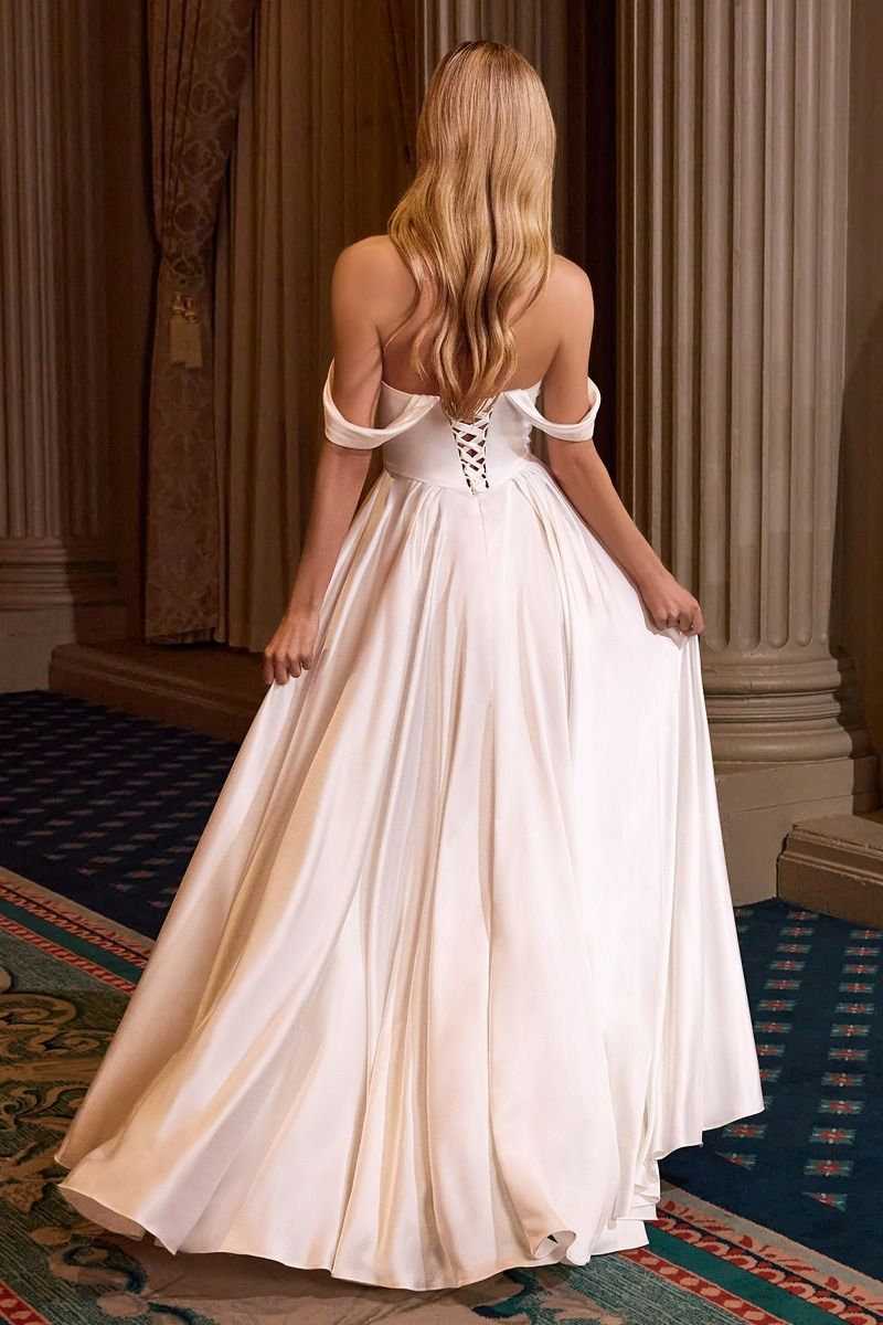 floor-length satin off-the-shoulder gowns with draped necklines, fitted bodices, and flowing skirts