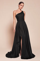 A-line long dress features a chic one-shoulder design and a flowing asymmetrical skirt crafted from soft satin