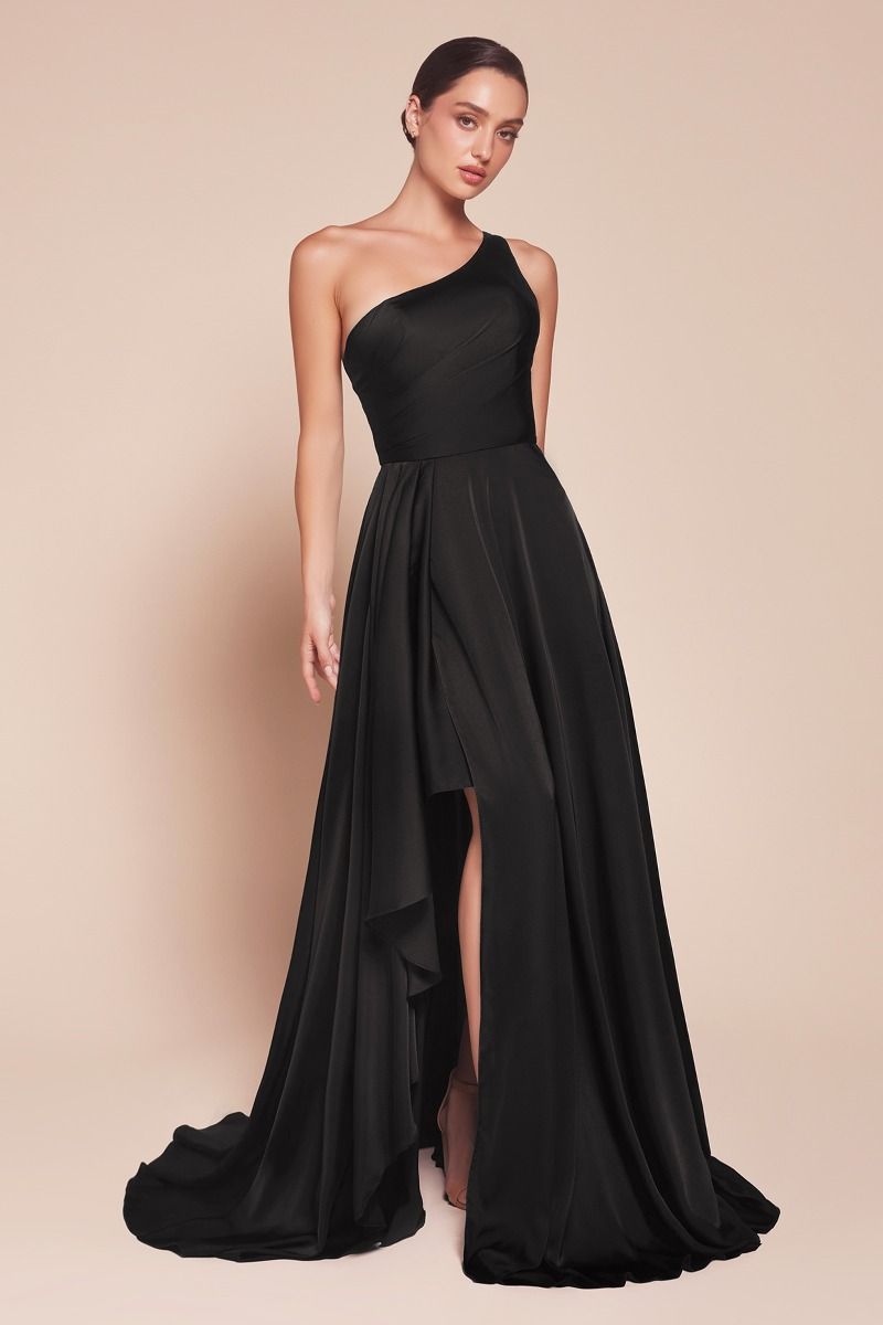 A-line long dress features a chic one-shoulder design and a flowing asymmetrical skirt crafted from soft satin