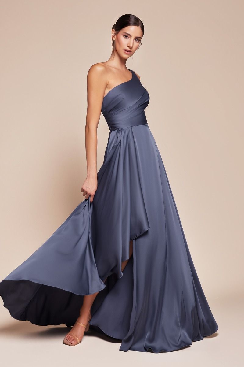 A-line long dress features a chic one-shoulder design and a flowing asymmetrical skirt crafted from soft satin