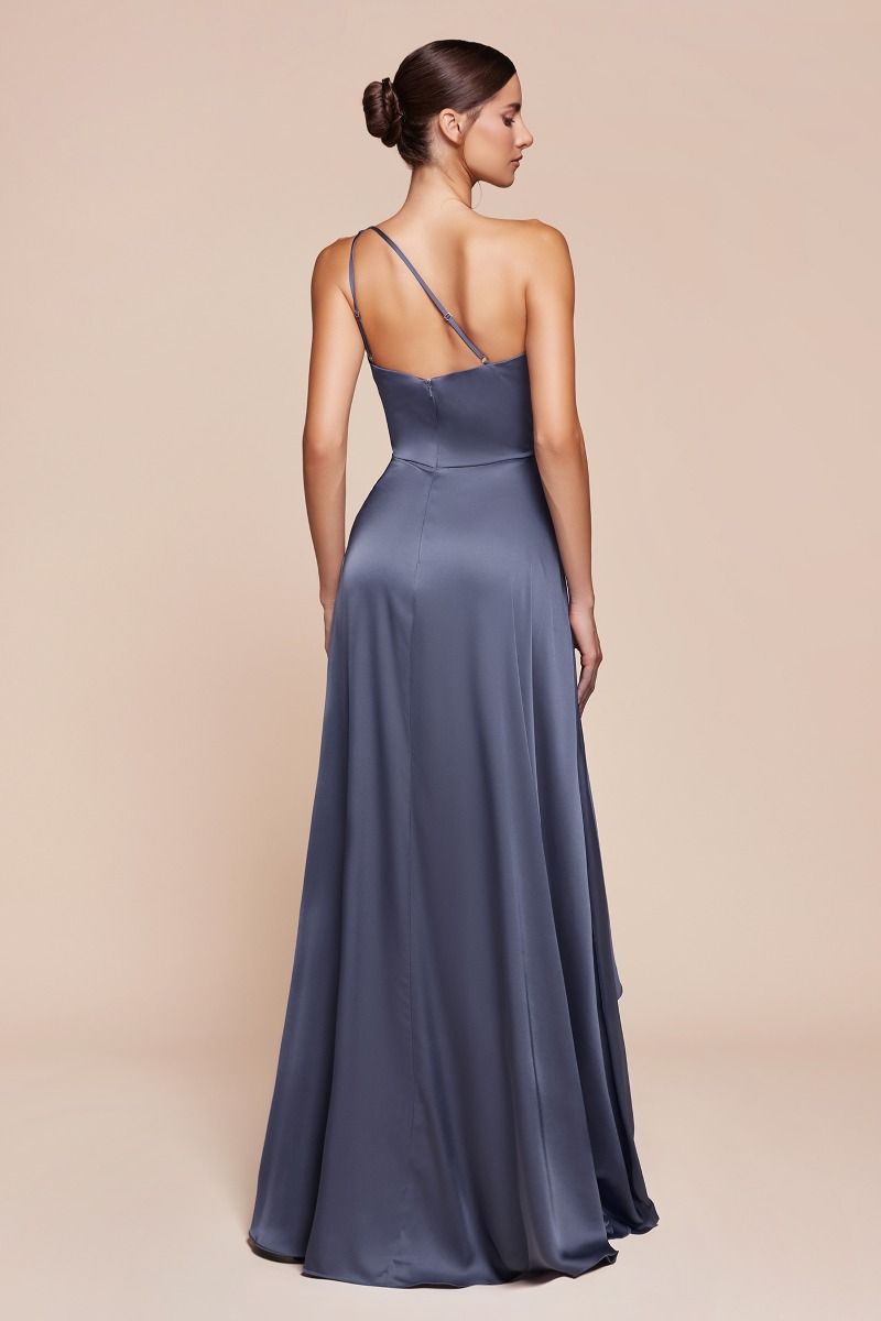 A-line long dress features a chic one-shoulder design and a flowing asymmetrical skirt crafted from soft satin