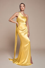 fitted gown showcases a chic one-shoulder wrap halter neckline, with a gathered waistline and elegant leg slit