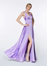A-line dress features a deep V-neckline and an empire waistline