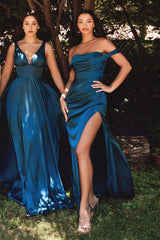 A-line dress features a deep V-neckline and an empire waistline