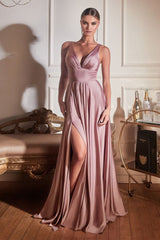 A-line dress features a deep V-neckline and an empire waistline