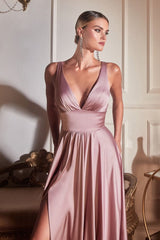 A-line dress features a deep V-neckline and an empire waistline